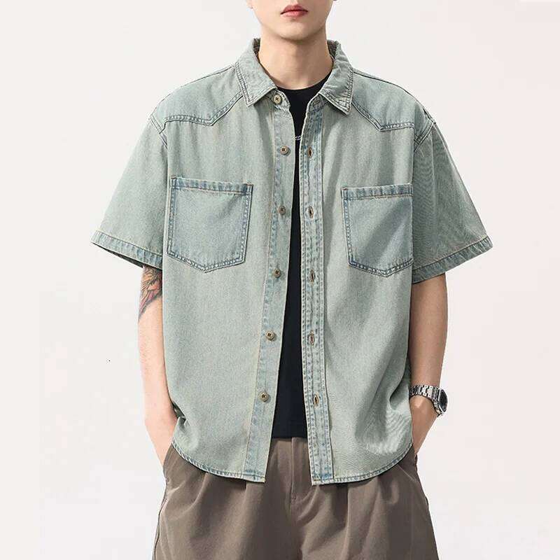 Men Summer Lightweight Thin Fashion Loose Casual Plus Size Vintage Washed Denim Short Sleeve Jeans Cargo Shirts Cityboy Blouses W260626