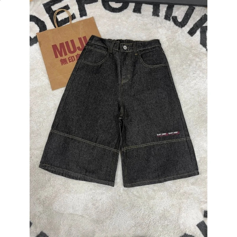 Mens Korean Y2K Denim Shorts 2026 Spring Summer American Retro Loose Wide Leg Solid Color Seven-Point Jeans 260624