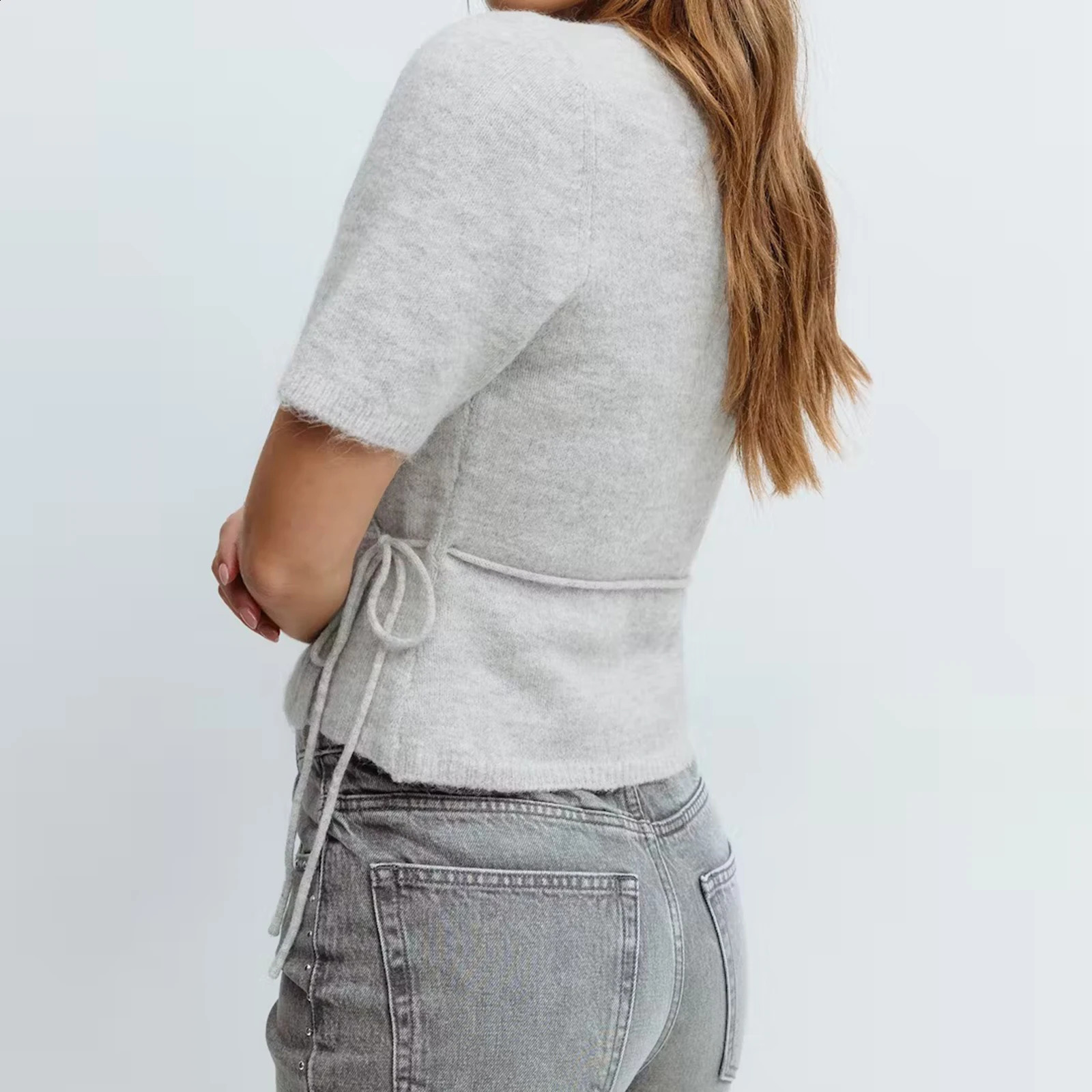 Lamuusaa y2k Cardigan Sweaters Elegant Women Solid Color V Neck Short Sleeve Tie-up Knitted Tops 2000s Clothing Streetwear 260624