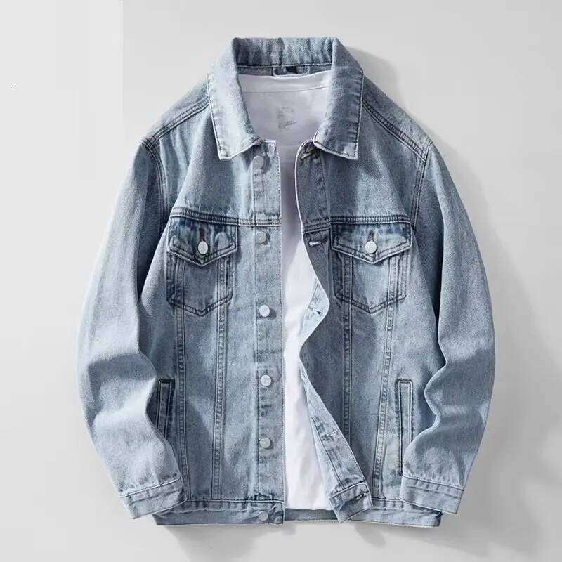 Denim Jacket Men Single Breasted Coats Turn Down Collar Jackets Distressed Washed Outerwear High Street 2025 Spring Pockets W260626