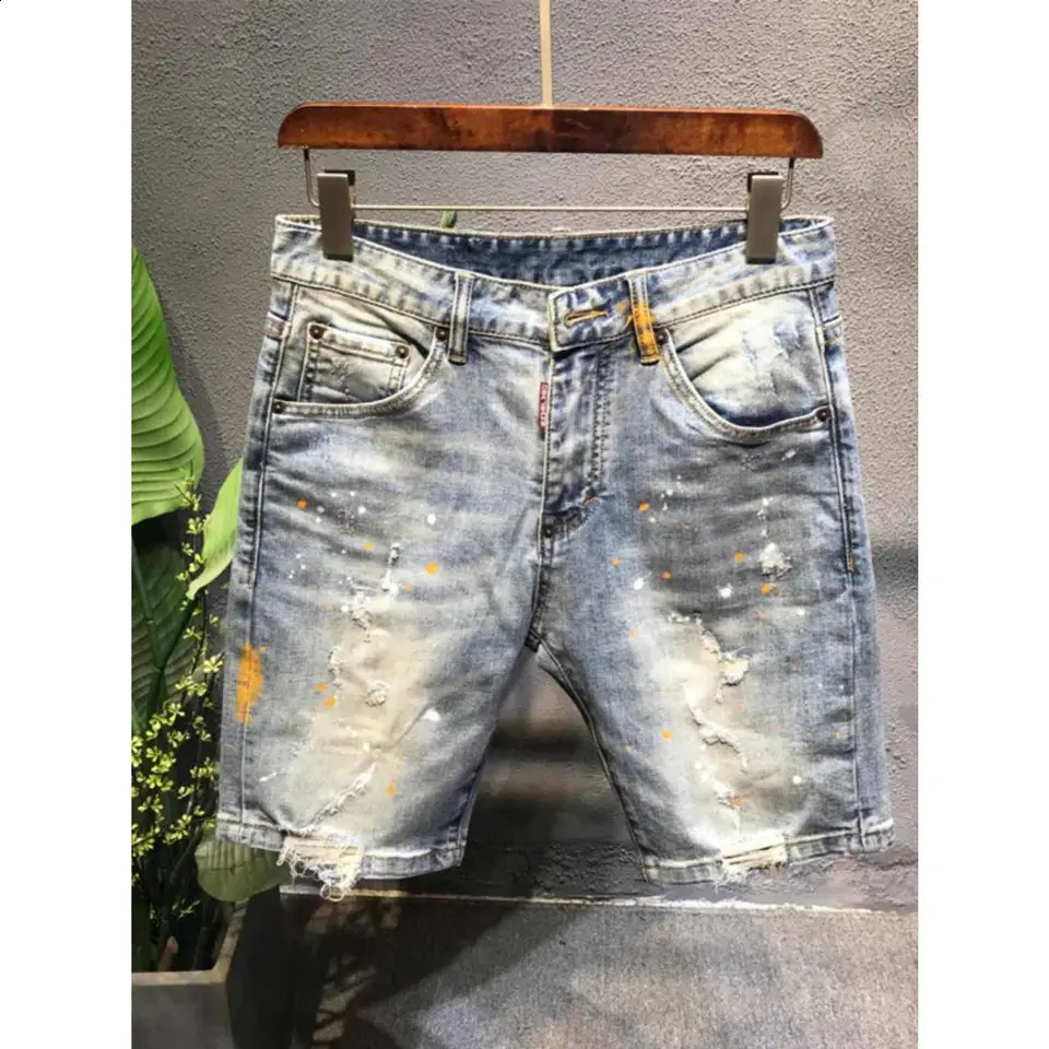 Summer Trendy Handsome Denim Shorts Mens Washed Embroidered Patch Trendy Short Pants Ripped Slim-fit Elastic Middle Pants 260624