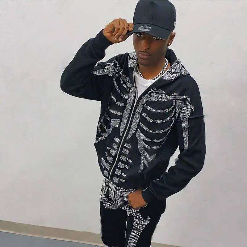 Full Zip Up Hoodie Rhinestone Skeleton Goth Sweatshirt Sport Couple Outfit Black Long Sleeve Oversized Grunge Y2k Hip Hop Jacket W260626