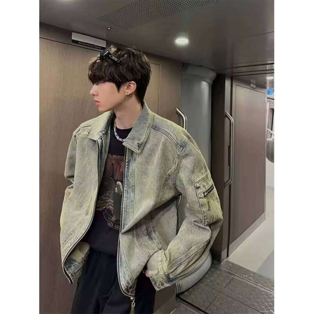 Retro Washed Vintage Denim Men's Spring Autumn Loose Casual Workwear Jacket Trendy High Street Style Zipper Closure Lo... W260626