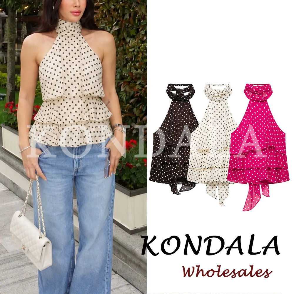 KONDALA Chic Summer Sexy Dot Women Top Fashion Neck-mounted Backless Elegant Sleeveless Shirt Female Tiered Casual Vest 260625