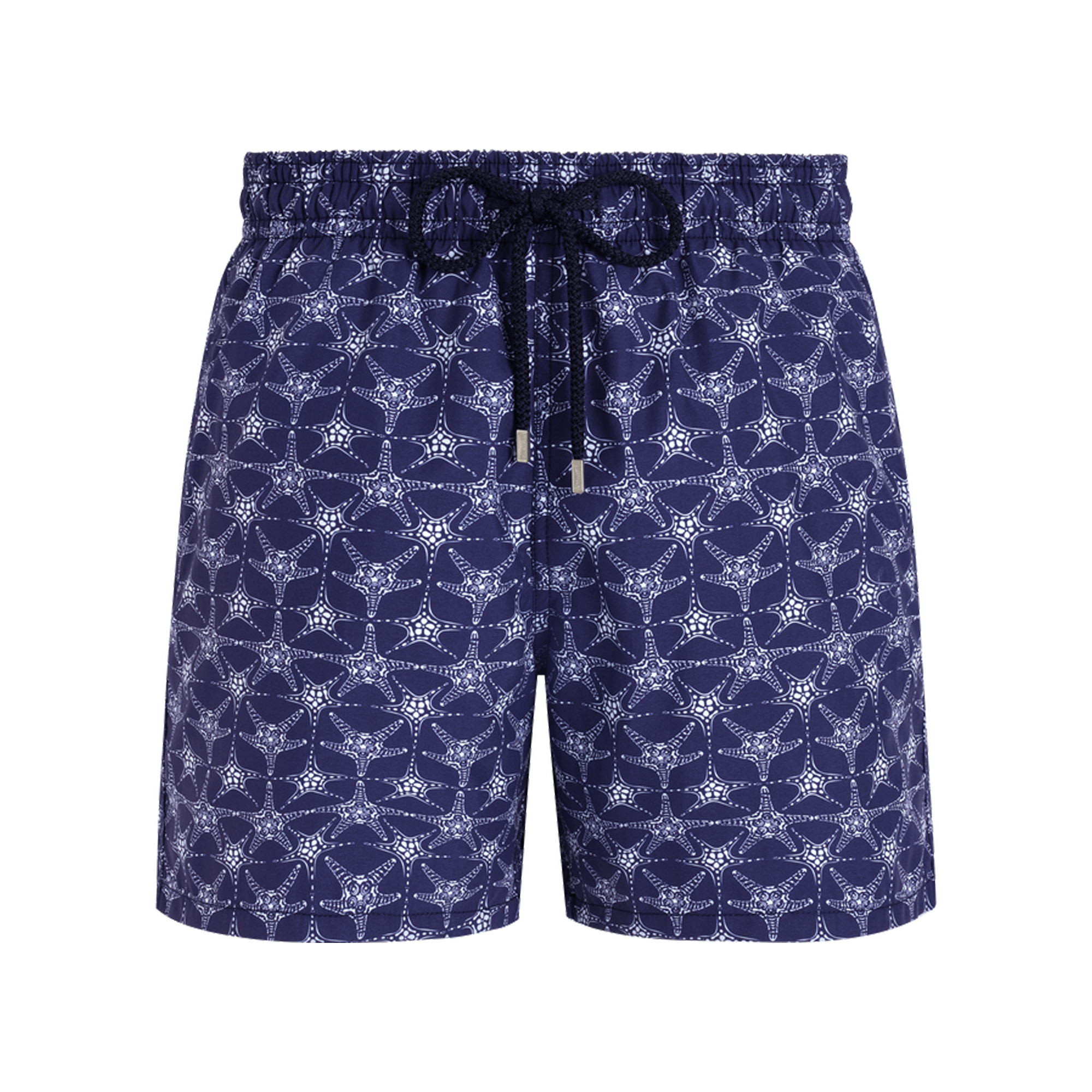 Men's Starfish Print Swim Trunks Quick Dry Beach Shorts Navy Blue Elastic Waist Drawstring for Summer Vacation