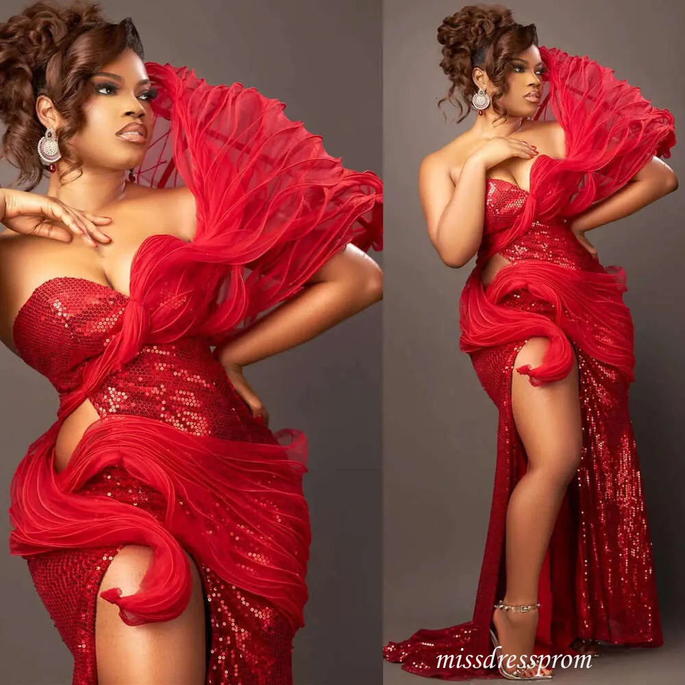 Aso Ebi Red Mermaid Prom Dress High Split Sequined Lace Evening Formal Party Second Reception Birthday Engagement Gowns Dresses Robe De Soiree Zj385