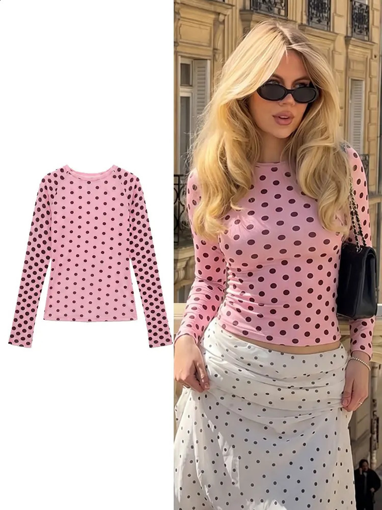 HH Elegant Thin Pink Polka Dot Long Sleeve Top for Womens Summer Casual Fashion High Street Party Shirts Beach Vacation Outfits 260625