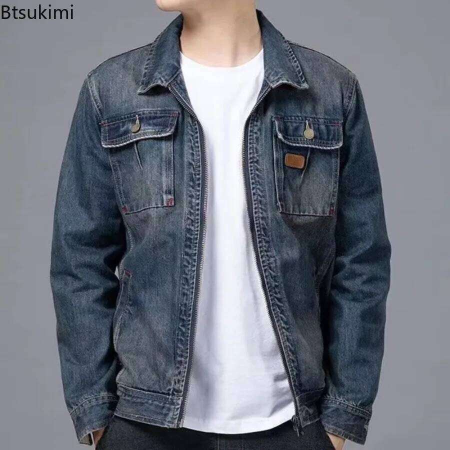 New Men's Denim Spring Autumn Zipper Pocket Lapel Jean Coats Motorcycle Vintage Aesthetic Casual Men Jackets Streetwear W260626