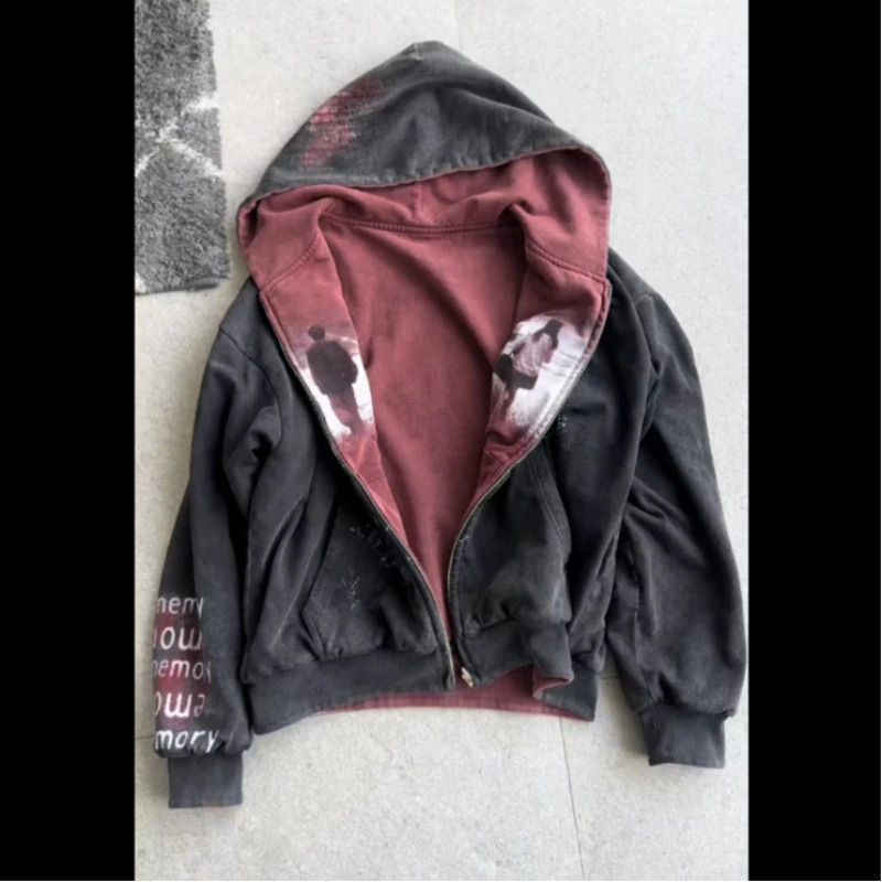doublesided hooded zipper sweatshirt with autumn and winter American printed patchwork cardigan top outerwear ins 260624