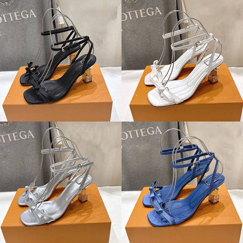 Designer Luxury Cube Sandal Womens High Heels Satin Bow Cube Water Diamond Open Toe Sandals Elegant Premium Leather Upper Leather Outsole Durable