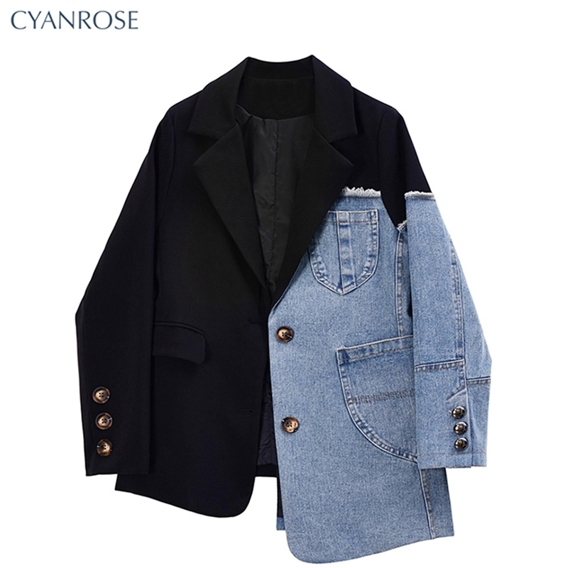 Women Vintage Fashion Blazer Denim Patchwork Jackets Autumn Winter Irregular Coat Women Long Sleeve Loose Korean Outerwear 260625