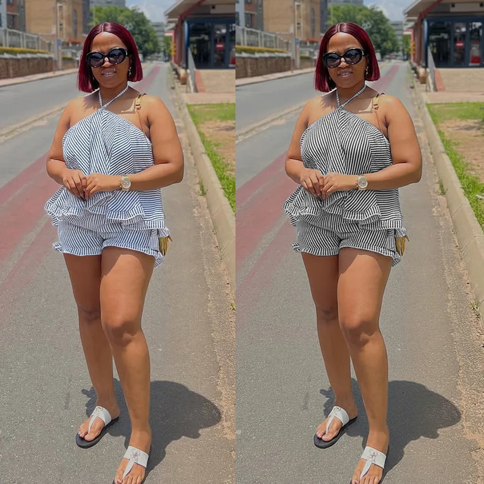 Shorts Pant Set Women Two Piece Sets Halter Sleeveless Ruffles Tops Sexy Striped Short Pants High Waist Y2k Streetwear 2026 260625