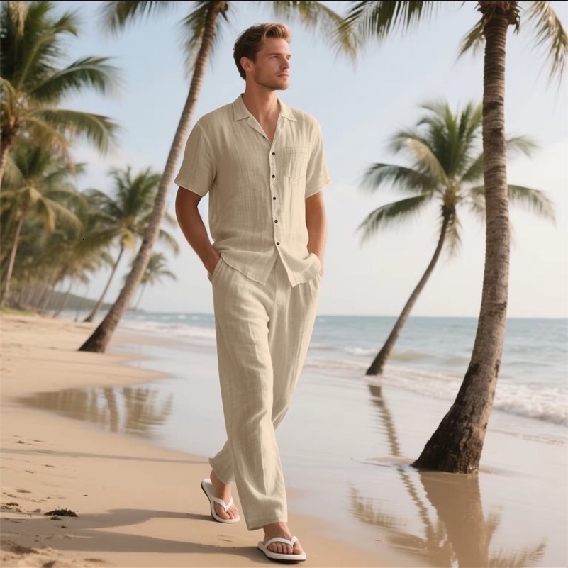 Mens Casual Cotton Linen Two Piece Sets Beach Vintage Basic Shirts and Pants Solid Color Casual Suit Male Hawai Tracksuits Set 260625