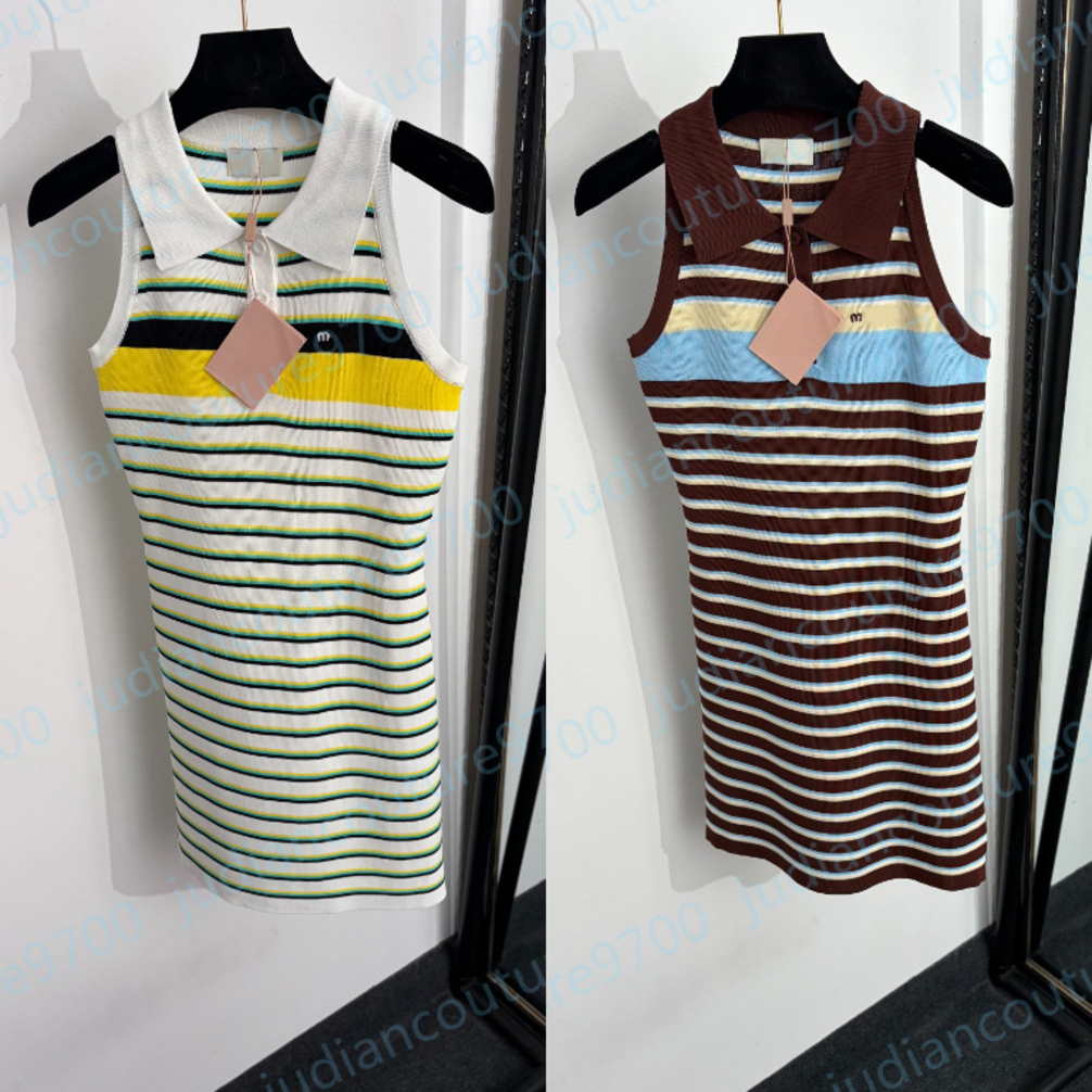 miusNew dresses woman designer Sleeveless Striped Knit Polo Dress Brand Embroidered Logo Summer Casual Y2K Streetwear Slim Fit Mini Dress Vacation v