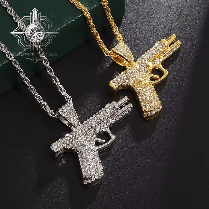 Bling Iced Out Men's Submachine Gun Pendant Necklace Cool Hip-Hop Rock Punk Style Street Party Jewelry Gift Made of 925 Silver