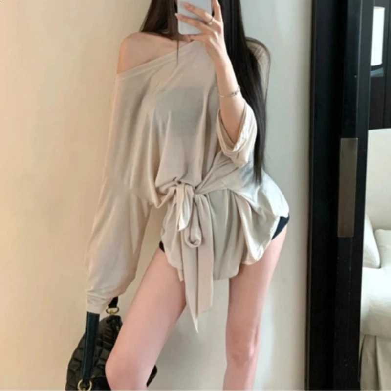 Sexy Thin See Through Long Sleeve T Shirt Women Bandage Off Shoulder Oversize Top Female Basic Long Tees Korean Chic Lady 260626