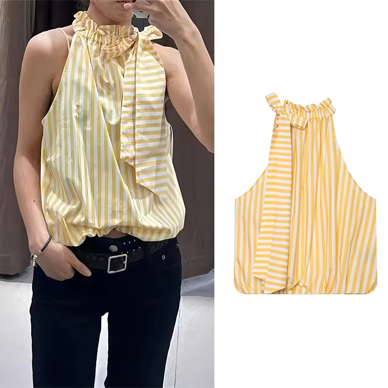 Womens Tops Summer Fashion Bow Striped Top Women Sleeveless Top Casual Female Chic Tops 260625