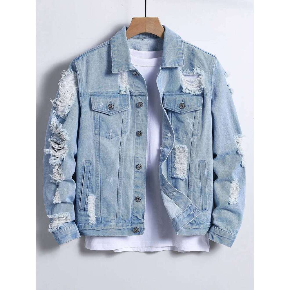 Men's jacket for spring and autumn. Light blue ripped denim jacket. Street trend style. Daily casual. W260626
