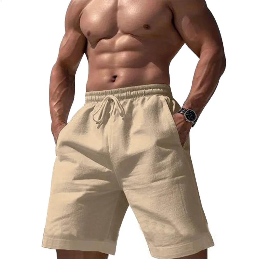 Mens Beach Shorts Casual Loose Knee Length Short Pants Summer Cotton and Linen Shorts Male Gym Sports Trousers 260625BJ