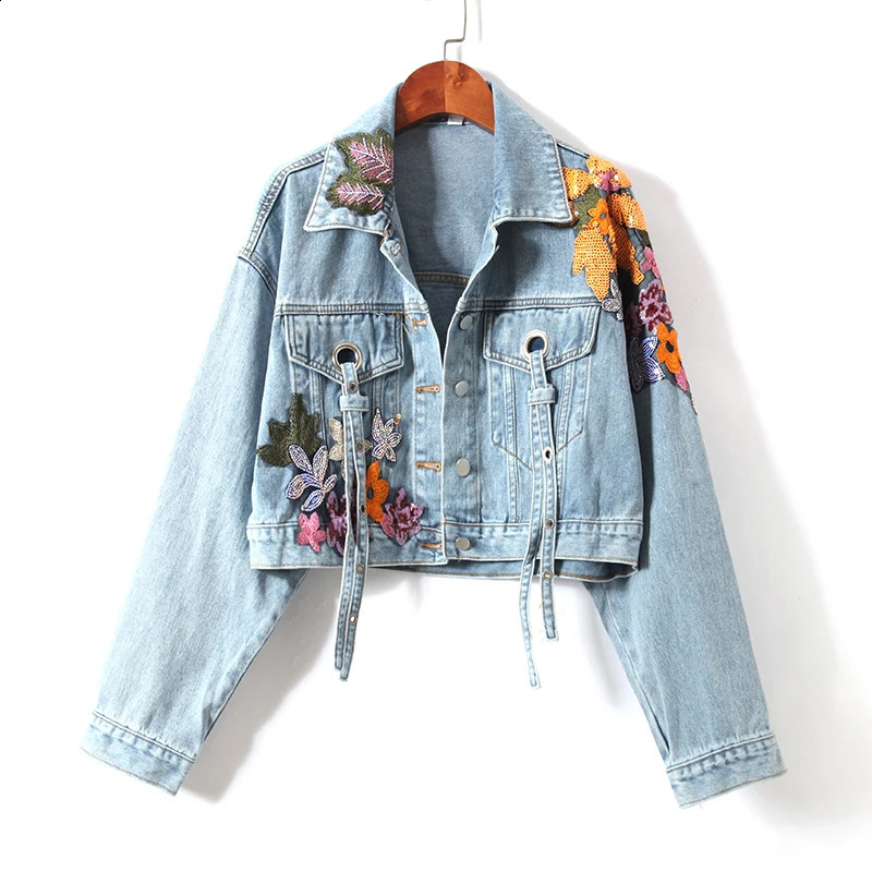 Women Flowers Embroidered Sequined Denim Jacket Spring Autumn Floral Beading Jeans Coat Ribbons Cowboy Cardigan Tops Chaquetas 260623