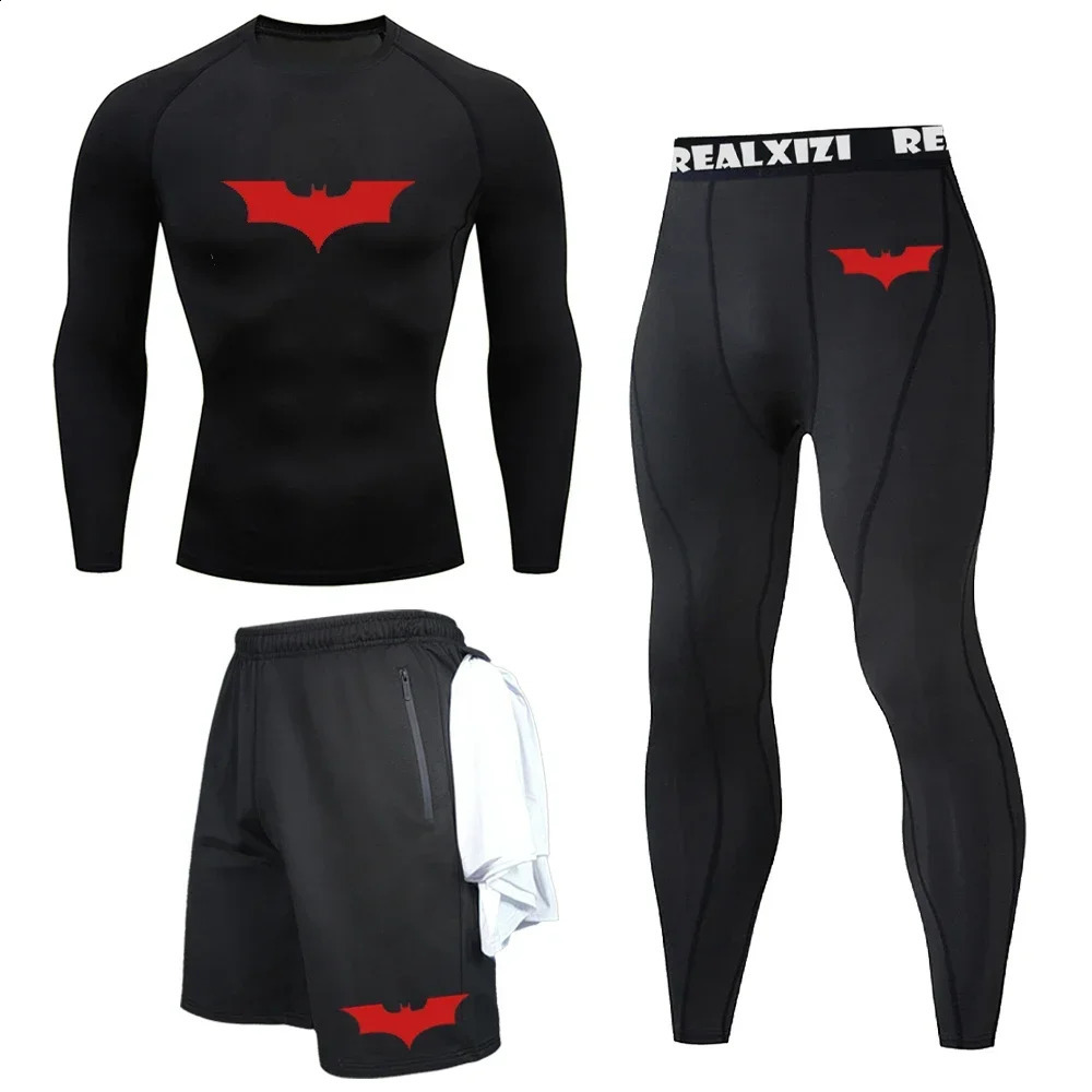 Bat Graphic Print Long Sleeve Set Mens Compression T-Shirt Shorts Pants Suit 3 Piece Set Spring Summer Gym Fitness Sportswear 260625