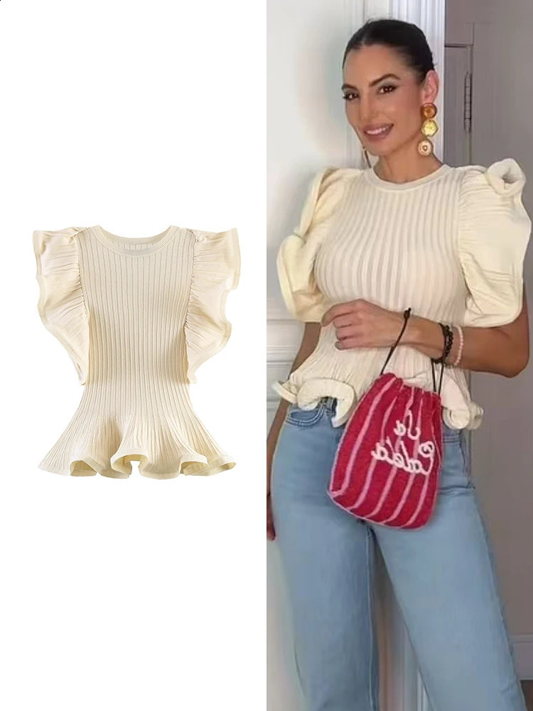 TFMLN Womens Knitted Tops Ruffles Sleeveless Waist Cinching Top Round Neck Solid Slim Knitwear Elegant Female Partywear 260625