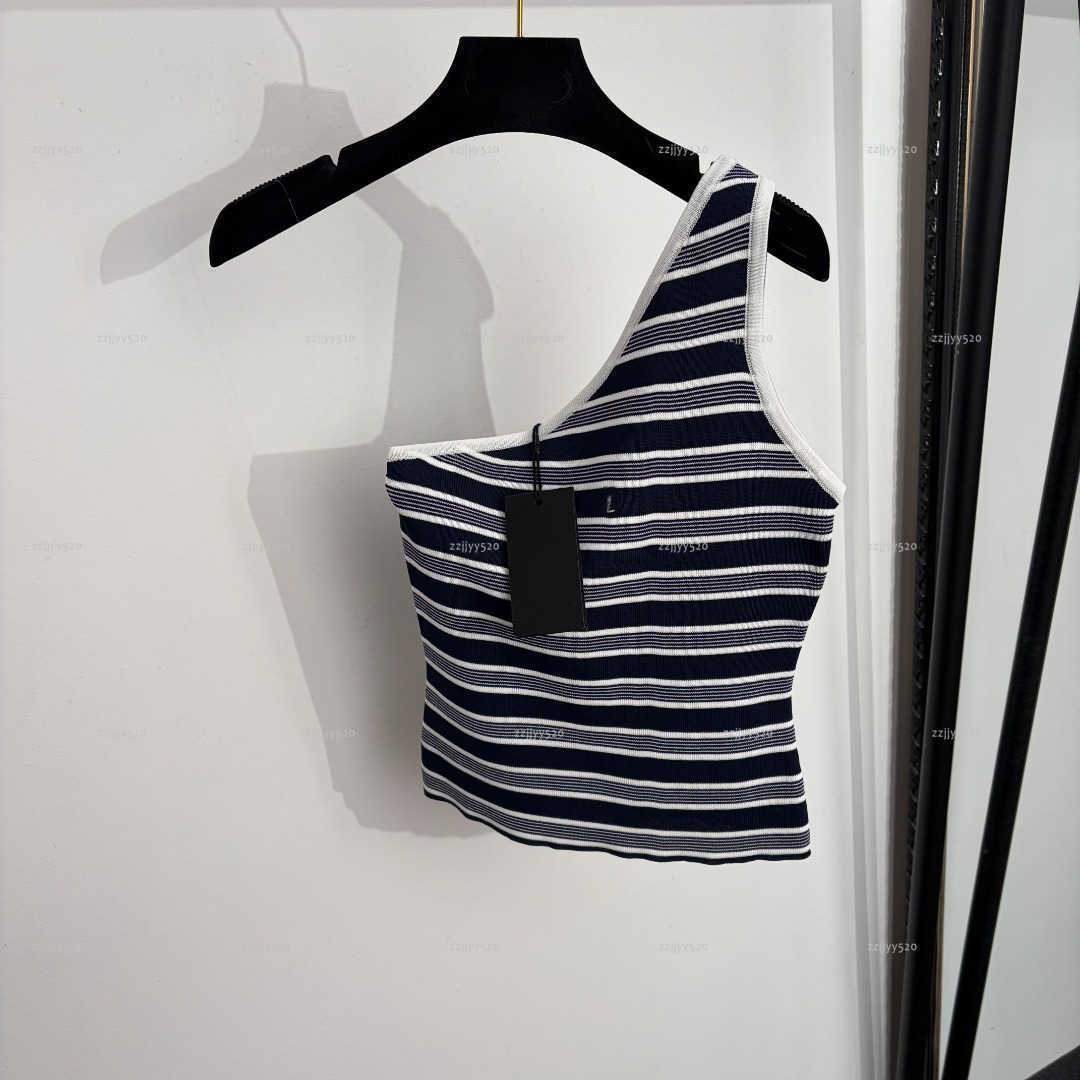 Brand women top Summer lady vest women designer clothes embroidered color blocked striped diagonal shoulder knitted camisole vest A694X14N286