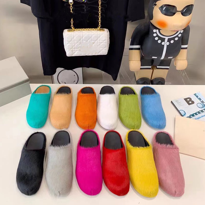 2026 Designer Marrni Fussbett Fur HorseHair Slippers Calfskin Long Calf Hair Leather Slipper Men Women Black White Blue Green Top Quality Furry Shoe