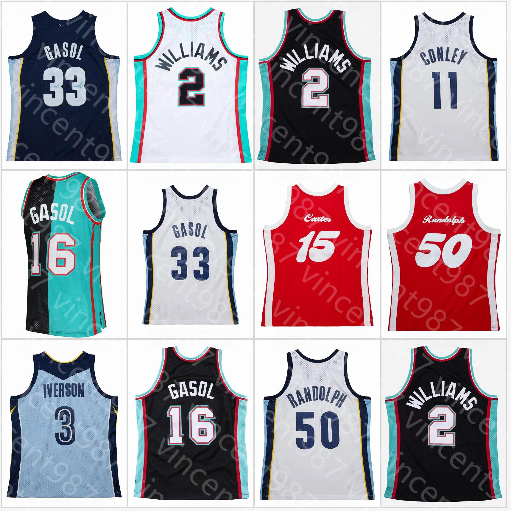 Retro Man Basketball Jerseys Jason 2 Williams 3 Iverson Mike 11 Conley Vince 15 Carter Pau 16 Gasol Marc 33Gasol Zach 50 Randolph Vintage Stitched