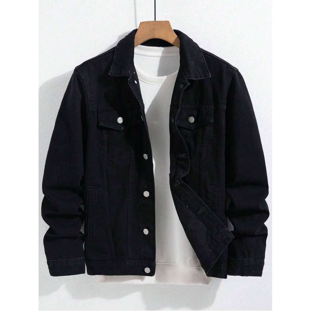 Men's spring-autumn denim jacket. Black minimalist coat. Daily casual. Stylish and trendy style. W260626