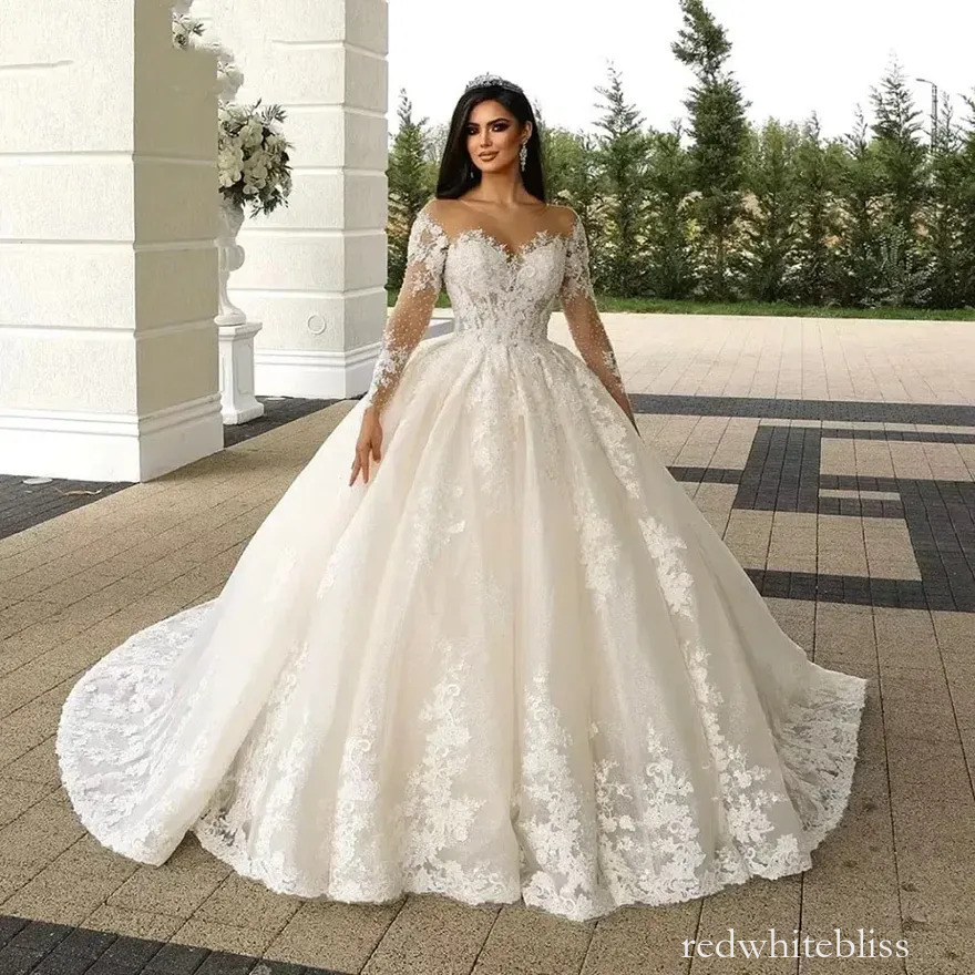 Luxury Illusion Neck Church Wedding Dresses Long Sleeve Robe Lace Beading Brides Dress Ball Gown Women Vestidos De Novia Customized Eg912