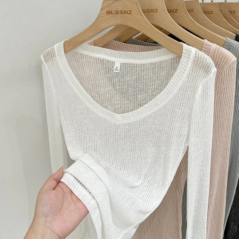 Zjaiss Womens T Shirt V Neck Sun Protection Long Sleeve 2026 Summer Lazy Style Sheer Thin See Through Cover Up Top 260625