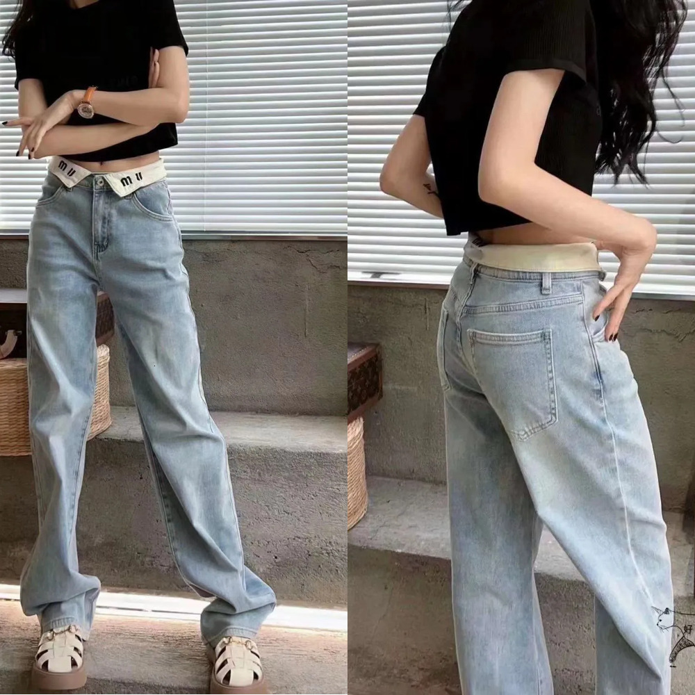 Womens designer jeans high waisted skinny jeans with white lapel letter design and straight length Denim pants 2e