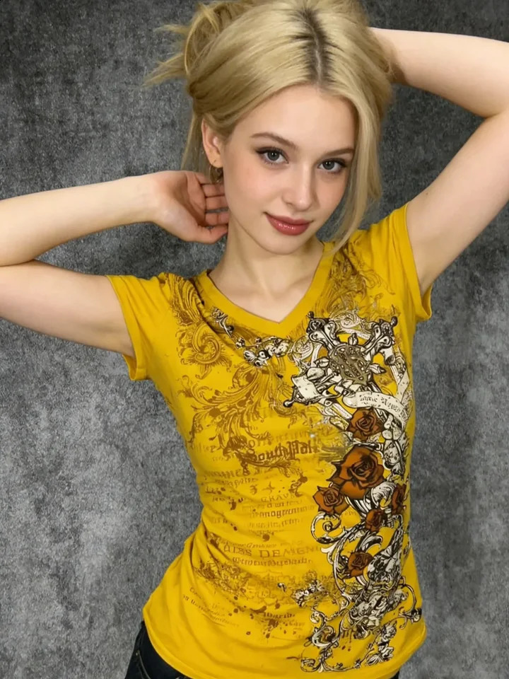 Women Vintage Letter Printed Graphic Tees Summer Harajuku Grunge Yellow Tops Y2k Aesthetic Casual Streetwear tie T Shirts 260625