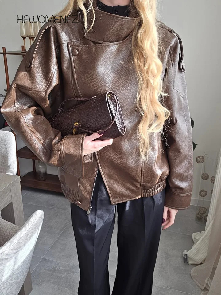 Street PU Leather Loose Jacket Women Fashion Solid Full Sleeve Stand Collar Single Breasted Coats Female 2026 Spring Lady Coat 260625
