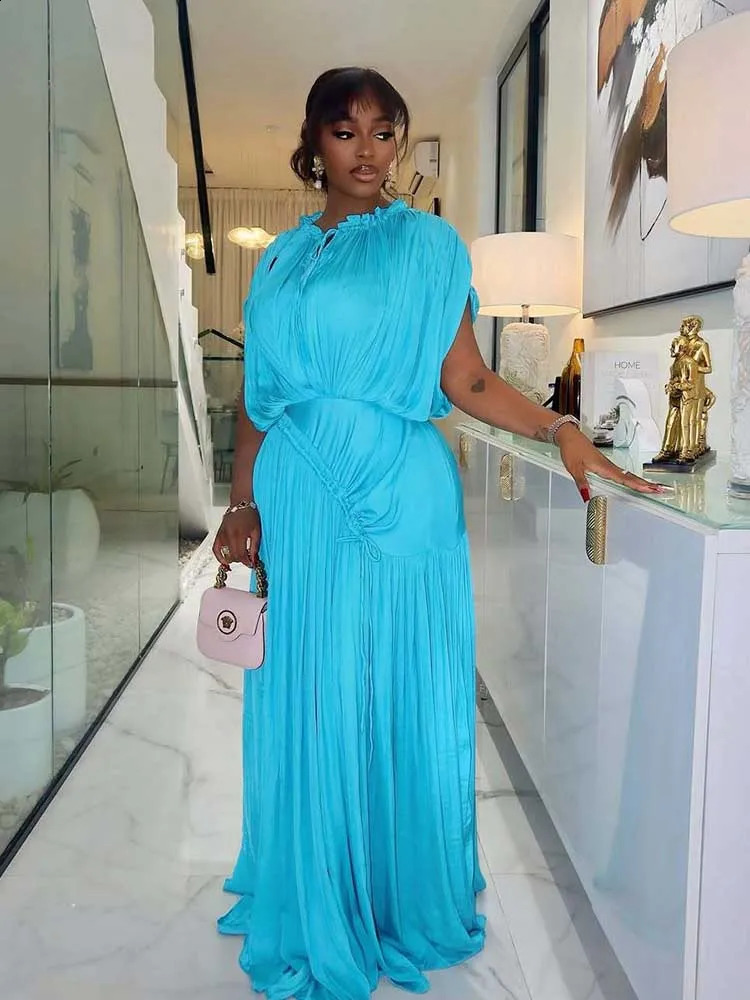 Long Summer Dress Woman High Waist Draped Chic Sky Blue Dress Straight One Piece Casual Elegant Maxi Dresses for Evening 260625
