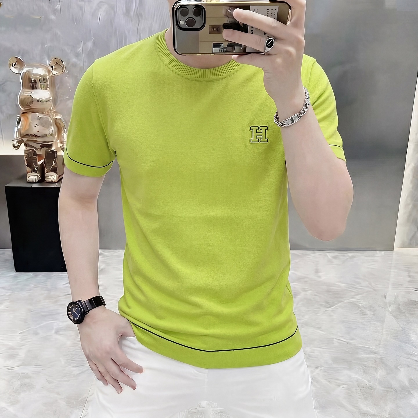 Fashion Men 2026 Summer Men's Ice Silk High-Quality Knitted Short-Sleeve T-Shirt New Casual Fashion Slim Fit Thin