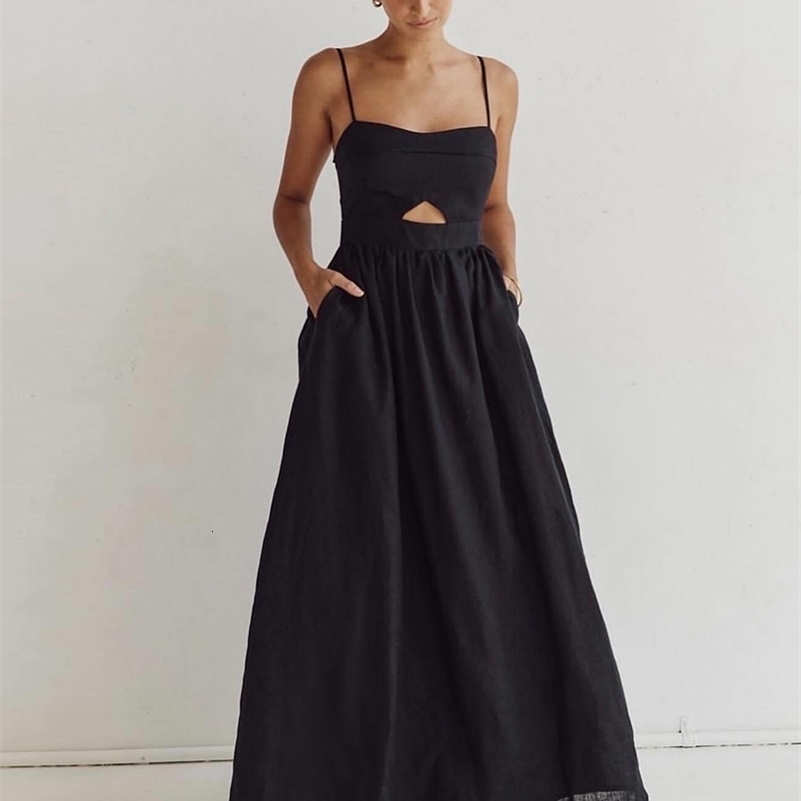Clacive Sexy Loose Black Cotton Womens Dresses Summer Strap Sleeveless Ankle Length Dress Elegant Hollow Out Female Dress 260625