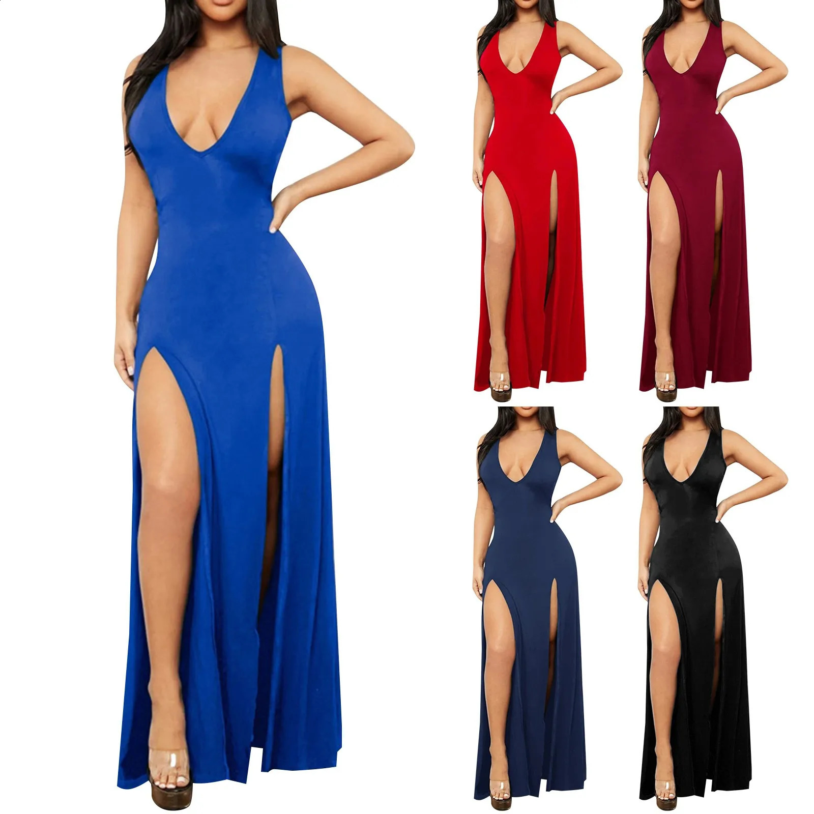 Sexy High Slit Womens Dresses Summer Deep V Neck Casual Blue Party Evening Dresses Elegant Bodycon Slim Night Club Dress 260625
