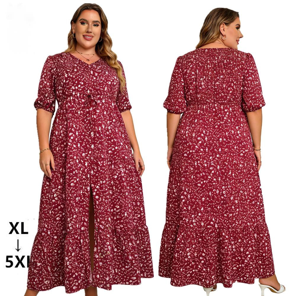 2026 Plus Size Womens Summer New Bohemian Print Loose Beach Dress legant Waist Slim A-Line Draped Dress Maxi Women Outfit Casual Elegant Pure Color