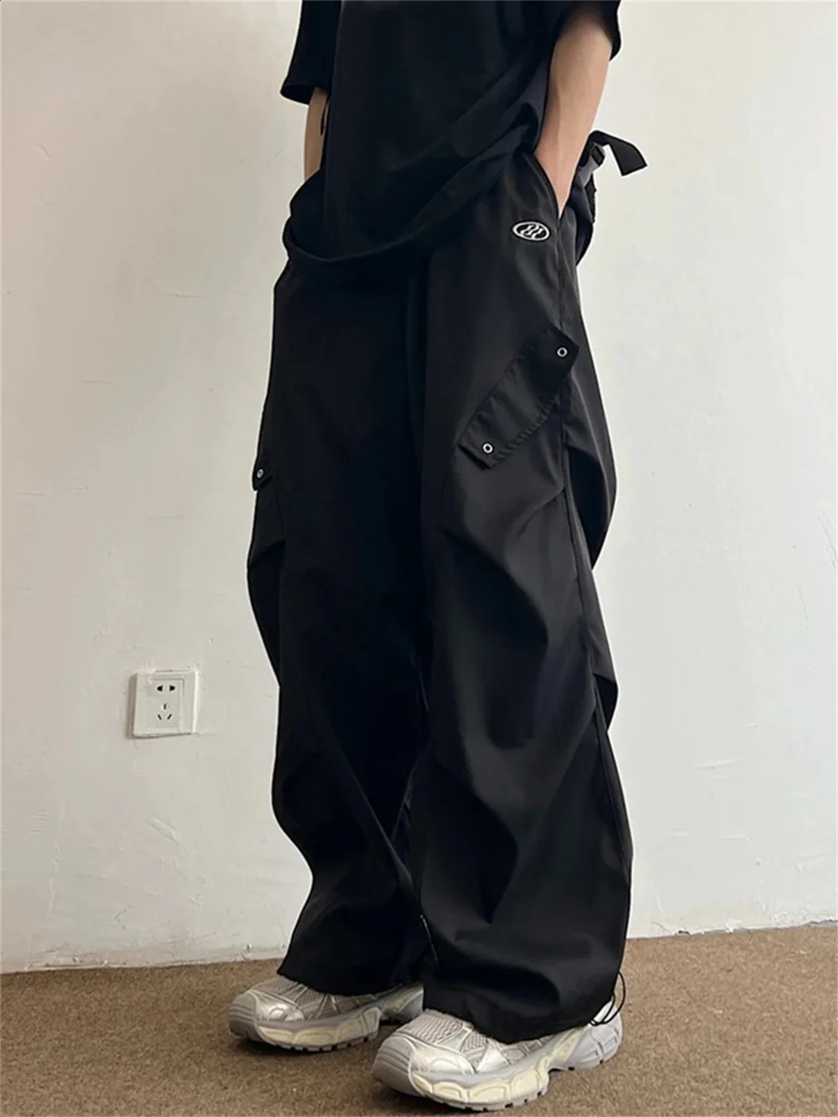Black Cartoon Cargo Pants Men Solid Wide Leg Trousers Male Quick Drying Streetwear Loose Oversize Korean Hip Hop Punk Pants 260625
