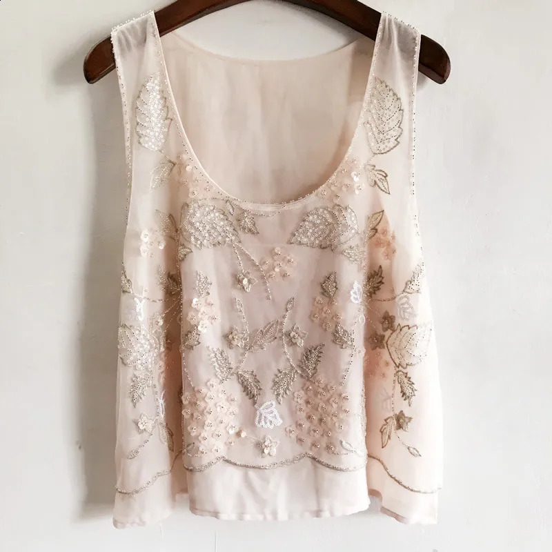 Women Floral Beaded Loose Vest Sleeveless Shirt Summer U-Neck Flowers Embroidered Sequined Chiffon Blouses Shiny Gauze Tank Tops 260625