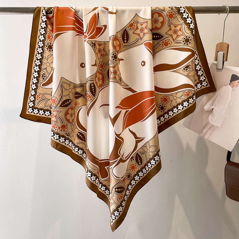 New Designer Orange Geometric Print Silk Satin Scarf Women Elegant Luxury Versatile Neck Head Wrap Fashion Shawl...