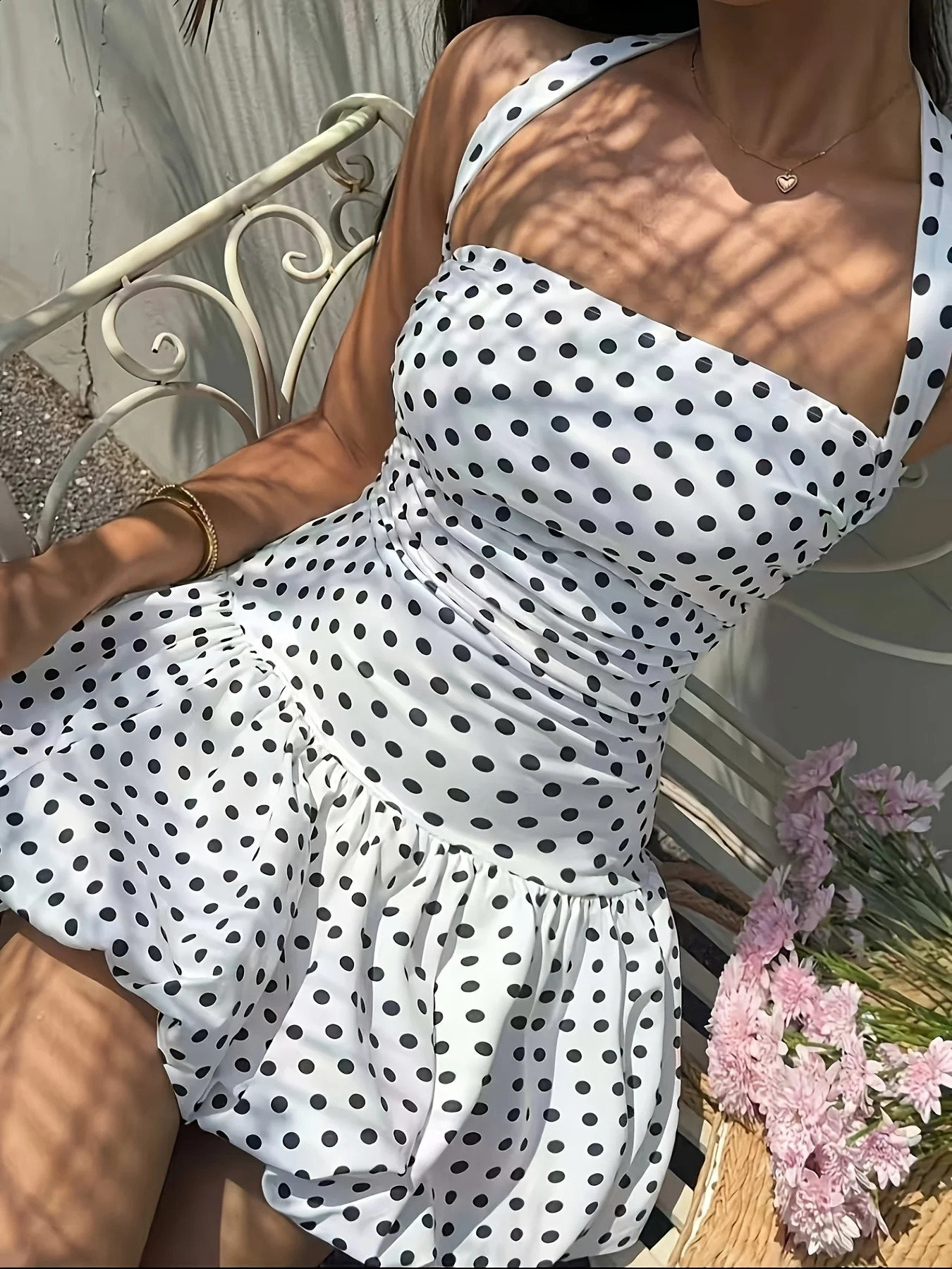 Sweet Spicy Polka Dot Halter Mini Dress Open Back Ruched Waist Summer Beach Style 260625