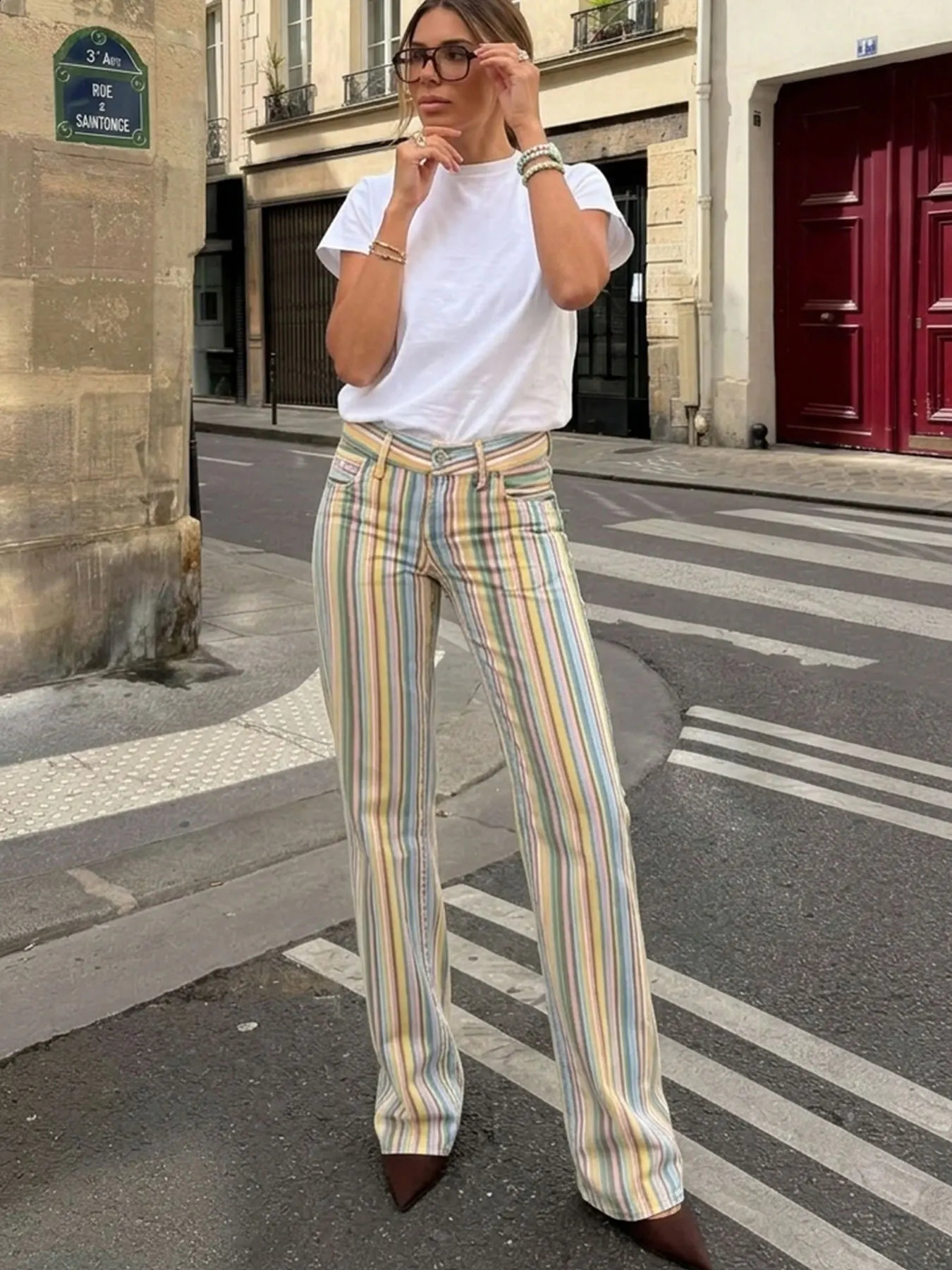 HH Women Fashion Rainbow Striped Jeans Casual High Waist Wide Leg Pants Autumn Woman Y2K Trend High Street Colorful Denim Pant 260625