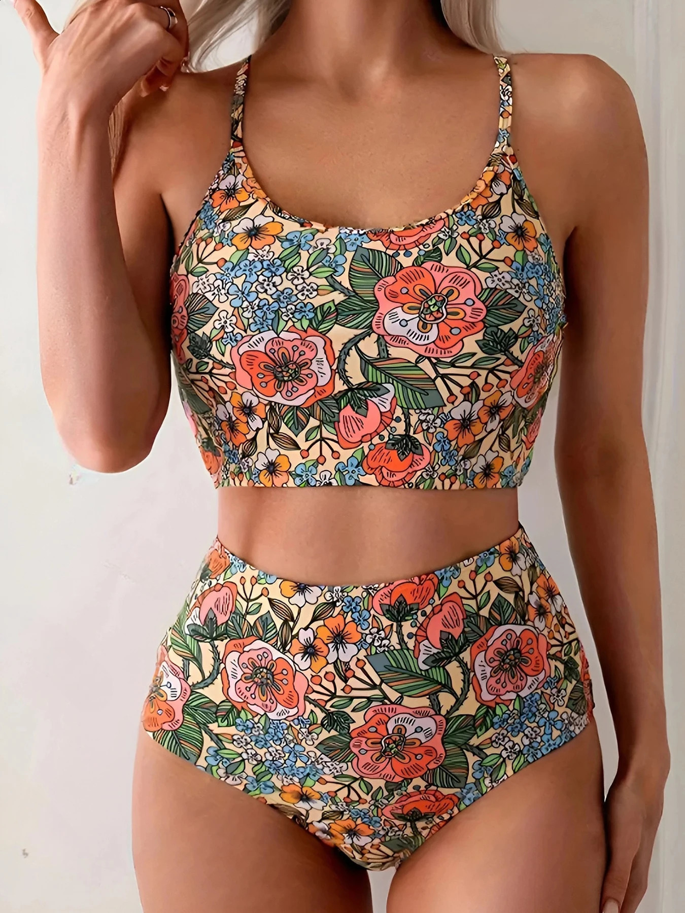 Vintage Floral Print High Waist Bikini Set Women Spaghetti Strap Two Piece Swimwear Push Up High Cut Beach Swimsuit 260623