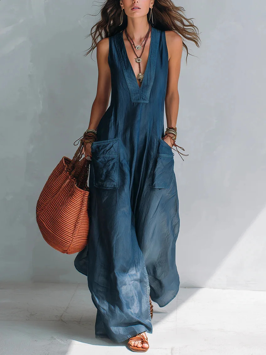 Summer Sleeveless Cotton Linen Jumpsuit Women V Neck Loose Wide Leg Pants Double Pocket Casual Commuting Bodysuits 260624