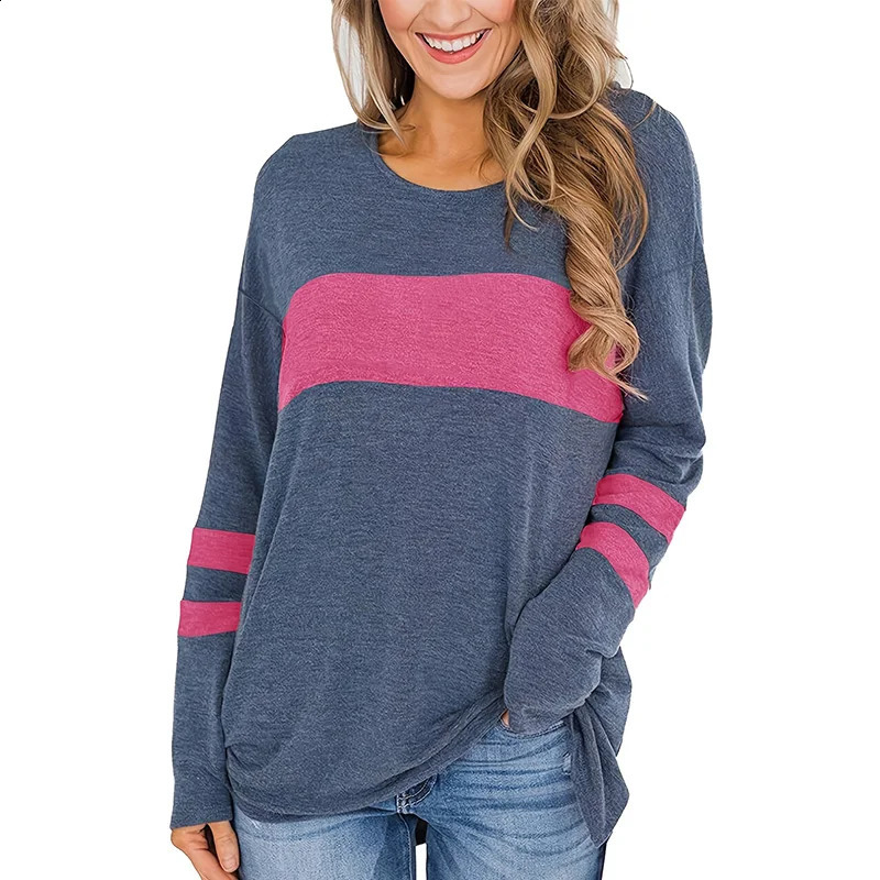 Womens Plus Size Colorblock Stripe Print Tunic T-shirt with Long Sleeves and Slight Stretch - Casual and Comfortable 260626