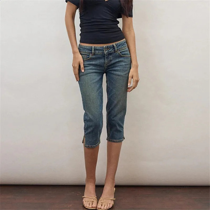 Women Low Waist Denim Jeans Slim Fit Straight Cropped Knee Length Pants Side Split Hem Vintage Casual Denim Trousers 260625