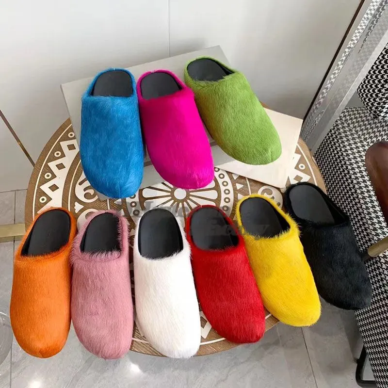 2026 Designer luxury Marrni Fussbett Fur HorseHair Slippers Calfskin Long Calf Hair Leather Slipper Men Women Black White Top Quality fashion Furry